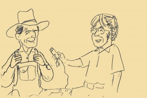 An original drawing from the 1970s interviews, Dr. Paredes interviewing a member of the Poarch Band in Atmore, AL.