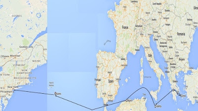 This map depicts the journey of the SS Acropolis through the Mediterranean Sea across the Atlantic Ocean to New York