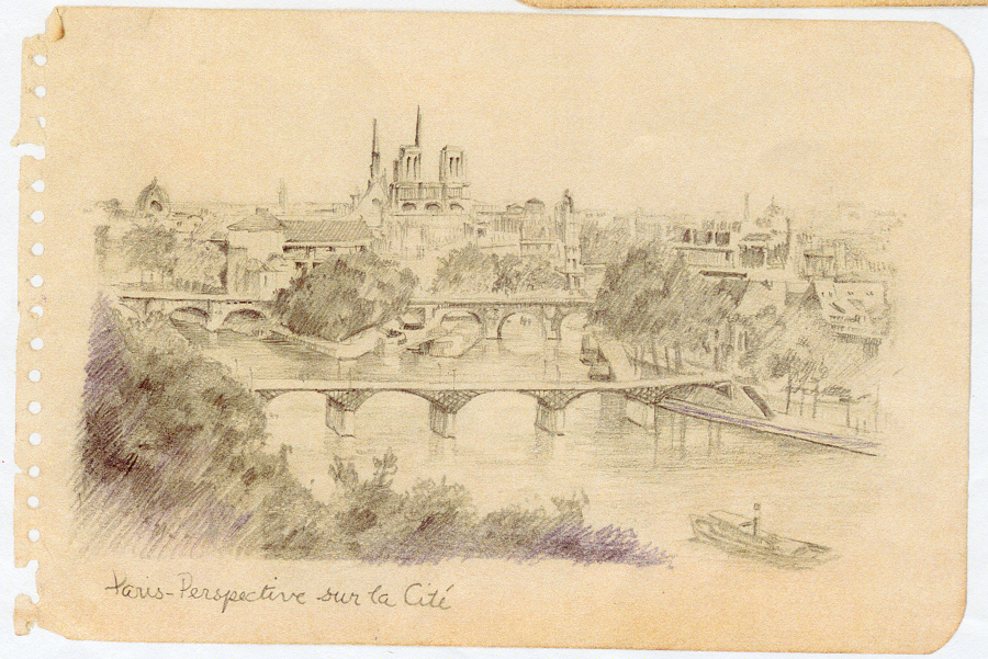 WWII Paris Perspective sur la Cite sketch undated