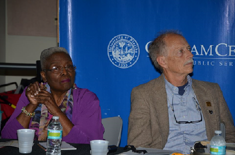 Panelists Vivian Filer and Dan Harmeling being introduced by Dr. Paul Ortiz. Photo by Cornelius Clayton.